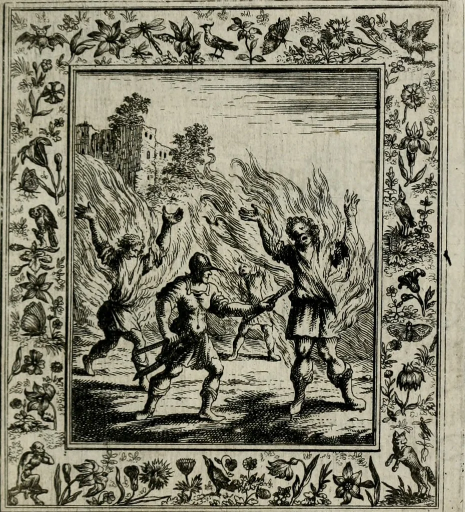 An illustration from Theatrum mortis humanæ tripartitum. I. Pars. Saltum mortis. II. Pars. Varia genera mortis. III. Pars. Pnas damnatorum continens. Figuris æneis illustratum, das ist, Schau-Bühne desz menschlichen Todts in drey Theil. 1. Theil. Der Toden Tantz. 2. Theil. Underschidliche Todts-Gattungen. 3. Theil. Der Verdambten Höllen-Peyn, vorstellend. Mit Schönen Kupffer-Stichen geziehrt vnd an Tag gegeben. Durch Joannem Weichardum Valvasor.., 1682, leaf 198