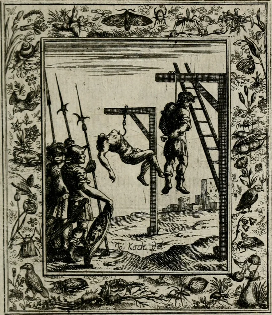 An illustration from Theatrum mortis humanæ tripartitum. I. Pars. Saltum mortis. II. Pars. Varia genera mortis. III. Pars. Pnas damnatorum continens. Figuris æneis illustratum, das ist, Schau-Bühne desz menschlichen Todts in drey Theil. 1. Theil. Der Toden Tantz. 2. Theil. Underschidliche Todts-Gattungen. 3. Theil. Der Verdambten Höllen-Peyn, vorstellend. Mit Schönen Kupffer-Stichen geziehrt vnd an Tag gegeben. Durch Joannem Weichardum Valvasor.., 1682, leaf 200