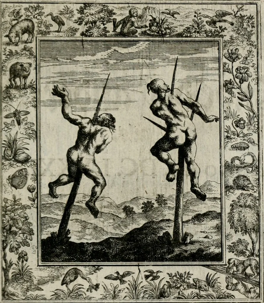 An illustration from Theatrum mortis humanæ tripartitum. I. Pars. Saltum mortis. II. Pars. Varia genera mortis. III. Pars. Pnas damnatorum continens. Figuris æneis illustratum, das ist, Schau-Bühne desz menschlichen Todts in drey Theil. 1. Theil. Der Toden Tantz. 2. Theil. Underschidliche Todts-Gattungen. 3. Theil. Der Verdambten Höllen-Peyn, vorstellend. Mit Schönen Kupffer-Stichen geziehrt vnd an Tag gegeben. Durch Joannem Weichardum Valvasor.., 1682, leaf 202