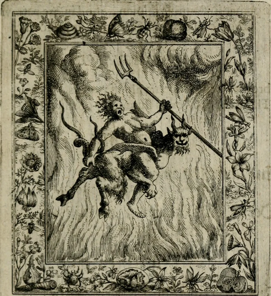 An illustration from Theatrum mortis humanæ tripartitum. I. Pars. Saltum mortis. II. Pars. Varia genera mortis. III. Pars. Pnas damnatorum continens. Figuris æneis illustratum, das ist, Schau-Bühne desz menschlichen Todts in drey Theil. 1. Theil. Der Toden Tantz. 2. Theil. Underschidliche Todts-Gattungen. 3. Theil. Der Verdambten Höllen-Peyn, vorstellend. Mit Schönen Kupffer-Stichen geziehrt vnd an Tag gegeben. Durch Joannem Weichardum Valvasor.., 1682, leaf 206