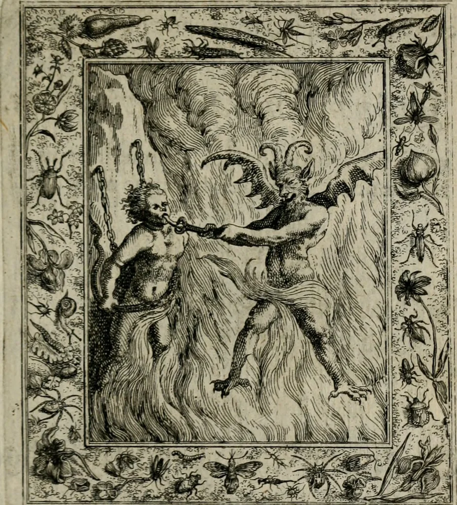 An illustration from Theatrum mortis humanæ tripartitum. I. Pars. Saltum mortis. II. Pars. Varia genera mortis. III. Pars. Pnas damnatorum continens. Figuris æneis illustratum, das ist, Schau-Bühne desz menschlichen Todts in drey Theil. 1. Theil. Der Toden Tantz. 2. Theil. Underschidliche Todts-Gattungen. 3. Theil. Der Verdambten Höllen-Peyn, vorstellend. Mit Schönen Kupffer-Stichen geziehrt vnd an Tag gegeben. Durch Joannem Weichardum Valvasor.., 1682, leaf 208