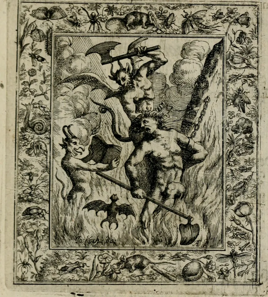 An illustration from Theatrum mortis humanæ tripartitum. I. Pars. Saltum mortis. II. Pars. Varia genera mortis. III. Pars. Pnas damnatorum continens. Figuris æneis illustratum, das ist, Schau-Bühne desz menschlichen Todts in drey Theil. 1. Theil. Der Toden Tantz. 2. Theil. Underschidliche Todts-Gattungen. 3. Theil. Der Verdambten Höllen-Peyn, vorstellend. Mit Schönen Kupffer-Stichen geziehrt vnd an Tag gegeben. Durch Joannem Weichardum Valvasor.., 1682, leaf 210