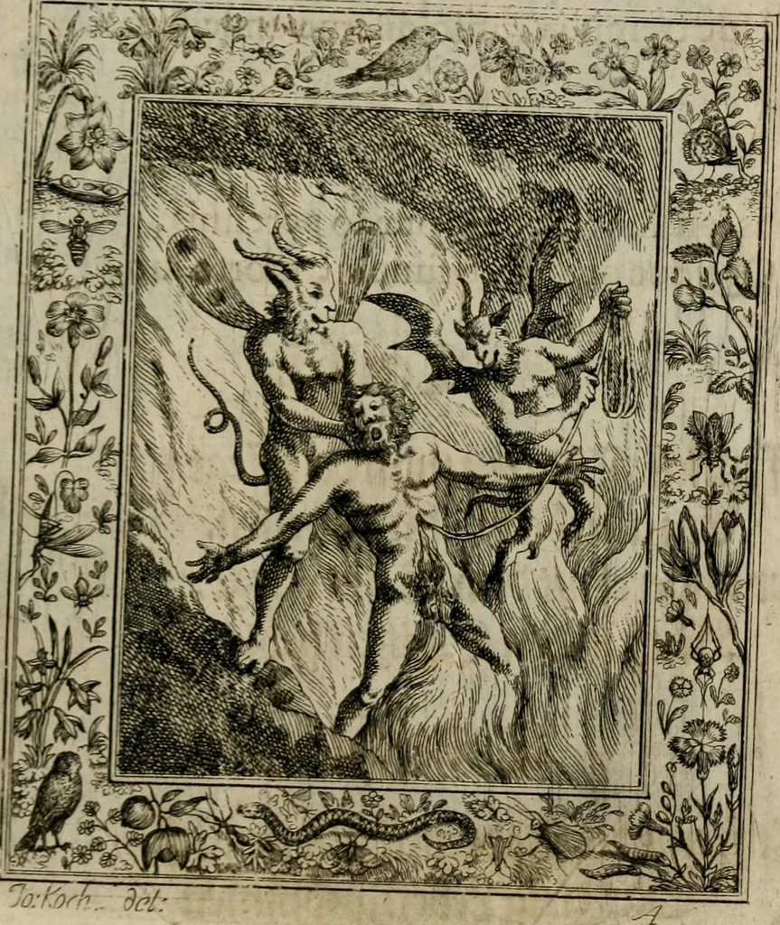 An illustration from Theatrum mortis humanæ tripartitum. I. Pars. Saltum mortis. II. Pars. Varia genera mortis. III. Pars. Pnas damnatorum continens. Figuris æneis illustratum, das ist, Schau-Bühne desz menschlichen Todts in drey Theil. 1. Theil. Der Toden Tantz. 2. Theil. Underschidliche Todts-Gattungen. 3. Theil. Der Verdambten Höllen-Peyn, vorstellend. Mit Schönen Kupffer-Stichen geziehrt vnd an Tag gegeben. Durch Joannem Weichardum Valvasor.., 1682, leaf 212
