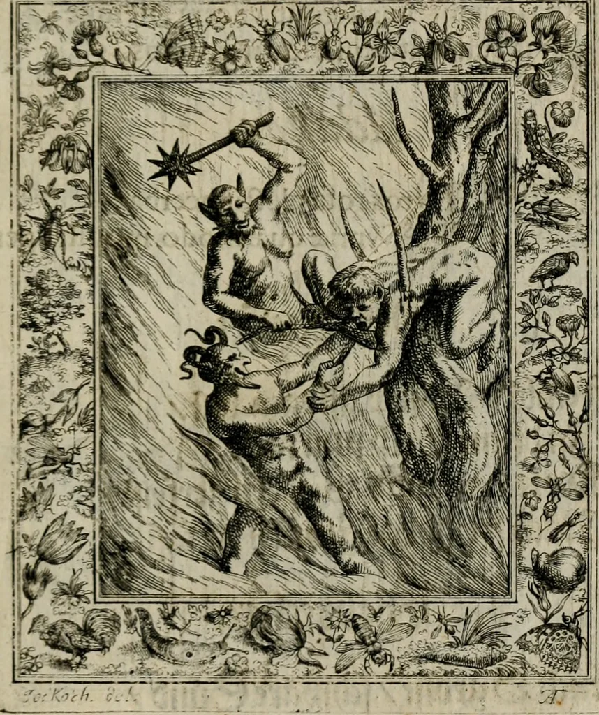 An illustration from Theatrum mortis humanæ tripartitum. I. Pars. Saltum mortis. II. Pars. Varia genera mortis. III. Pars. Pnas damnatorum continens. Figuris æneis illustratum, das ist, Schau-Bühne desz menschlichen Todts in drey Theil. 1. Theil. Der Toden Tantz. 2. Theil. Underschidliche Todts-Gattungen. 3. Theil. Der Verdambten Höllen-Peyn, vorstellend. Mit Schönen Kupffer-Stichen geziehrt vnd an Tag gegeben. Durch Joannem Weichardum Valvasor.., 1682, leaf 214