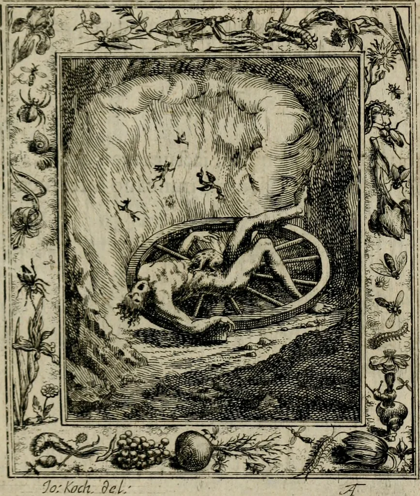 An illustration from Theatrum mortis humanæ tripartitum. I. Pars. Saltum mortis. II. Pars. Varia genera mortis. III. Pars. Pnas damnatorum continens. Figuris æneis illustratum, das ist, Schau-Bühne desz menschlichen Todts in drey Theil. 1. Theil. Der Toden Tantz. 2. Theil. Underschidliche Todts-Gattungen. 3. Theil. Der Verdambten Höllen-Peyn, vorstellend. Mit Schönen Kupffer-Stichen geziehrt vnd an Tag gegeben. Durch Joannem Weichardum Valvasor.., 1682, leaf 216