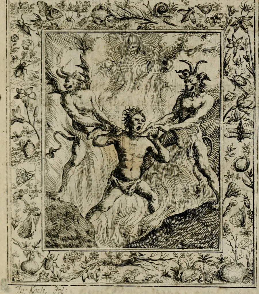 An illustration from Theatrum mortis humanæ tripartitum. I. Pars. Saltum mortis. II. Pars. Varia genera mortis. III. Pars. Pnas damnatorum continens. Figuris æneis illustratum, das ist, Schau-Bühne desz menschlichen Todts in drey Theil. 1. Theil. Der Toden Tantz. 2. Theil. Underschidliche Todts-Gattungen. 3. Theil. Der Verdambten Höllen-Peyn, vorstellend. Mit Schönen Kupffer-Stichen geziehrt vnd an Tag gegeben. Durch Joannem Weichardum Valvasor.., 1682, leaf 218