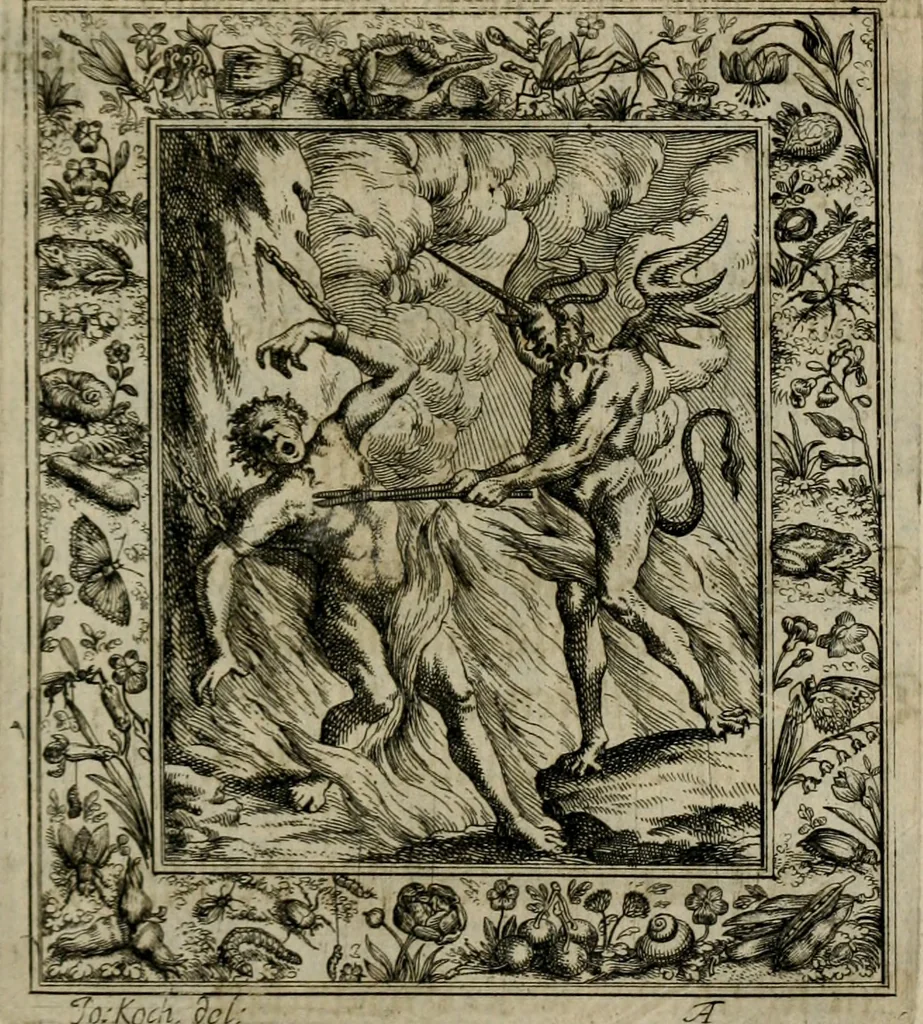 An illustration from Theatrum mortis humanæ tripartitum. I. Pars. Saltum mortis. II. Pars. Varia genera mortis. III. Pars. Pnas damnatorum continens. Figuris æneis illustratum, das ist, Schau-Bühne desz menschlichen Todts in drey Theil. 1. Theil. Der Toden Tantz. 2. Theil. Underschidliche Todts-Gattungen. 3. Theil. Der Verdambten Höllen-Peyn, vorstellend. Mit Schönen Kupffer-Stichen geziehrt vnd an Tag gegeben. Durch Joannem Weichardum Valvasor.., 1682, leaf 220