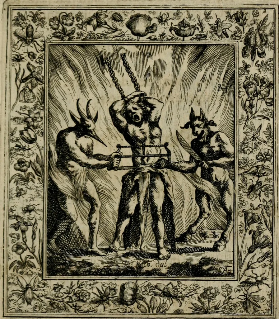 An illustration from Theatrum mortis humanæ tripartitum. I. Pars. Saltum mortis. II. Pars. Varia genera mortis. III. Pars. Pnas damnatorum continens. Figuris æneis illustratum, das ist, Schau-Bühne desz menschlichen Todts in drey Theil. 1. Theil. Der Toden Tantz. 2. Theil. Underschidliche Todts-Gattungen. 3. Theil. Der Verdambten Höllen-Peyn, vorstellend. Mit Schönen Kupffer-Stichen geziehrt vnd an Tag gegeben. Durch Joannem Weichardum Valvasor.., 1682, leaf 222