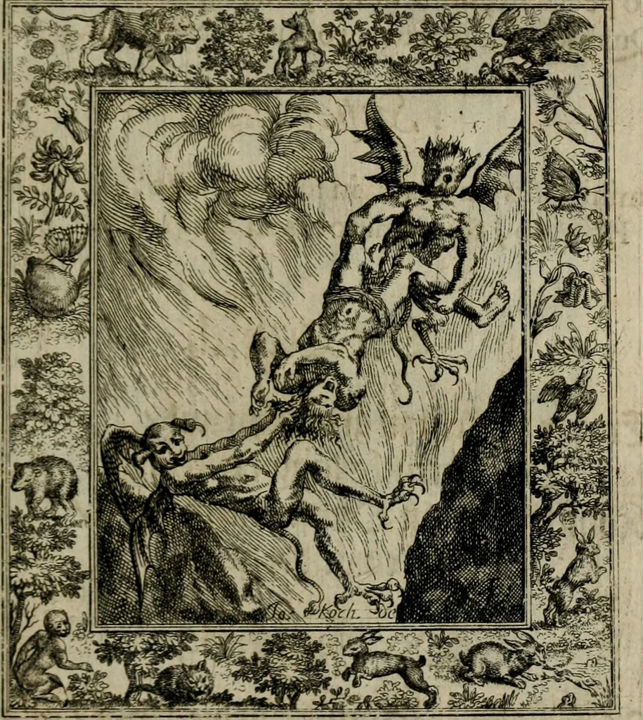 An illustration from Theatrum mortis humanæ tripartitum. I. Pars. Saltum mortis. II. Pars. Varia genera mortis. III. Pars. Pnas damnatorum continens. Figuris æneis illustratum, das ist, Schau-Bühne desz menschlichen Todts in drey Theil. 1. Theil. Der Toden Tantz. 2. Theil. Underschidliche Todts-Gattungen. 3. Theil. Der Verdambten Höllen-Peyn, vorstellend. Mit Schönen Kupffer-Stichen geziehrt vnd an Tag gegeben. Durch Joannem Weichardum Valvasor.., 1682, leaf 224