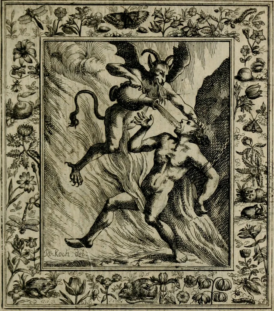 An illustration from Theatrum mortis humanæ tripartitum. I. Pars. Saltum mortis. II. Pars. Varia genera mortis. III. Pars. Pnas damnatorum continens. Figuris æneis illustratum, das ist, Schau-Bühne desz menschlichen Todts in drey Theil. 1. Theil. Der Toden Tantz. 2. Theil. Underschidliche Todts-Gattungen. 3. Theil. Der Verdambten Höllen-Peyn, vorstellend. Mit Schönen Kupffer-Stichen geziehrt vnd an Tag gegeben. Durch Joannem Weichardum Valvasor.., 1682, leaf 228