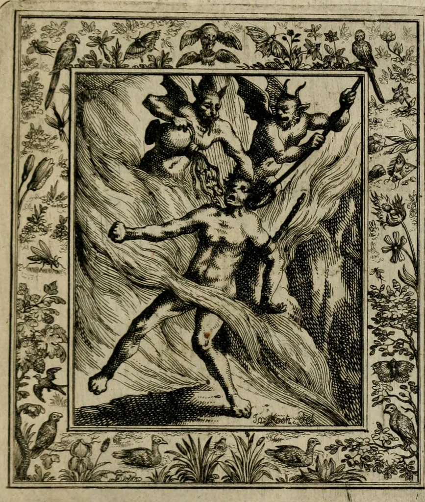 An illustration from Theatrum mortis humanæ tripartitum. I. Pars. Saltum mortis. II. Pars. Varia genera mortis. III. Pars. Pnas damnatorum continens. Figuris æneis illustratum, das ist, Schau-Bühne desz menschlichen Todts in drey Theil. 1. Theil. Der Toden Tantz. 2. Theil. Underschidliche Todts-Gattungen. 3. Theil. Der Verdambten Höllen-Peyn, vorstellend. Mit Schönen Kupffer-Stichen geziehrt vnd an Tag gegeben. Durch Joannem Weichardum Valvasor.., 1682, leaf 230