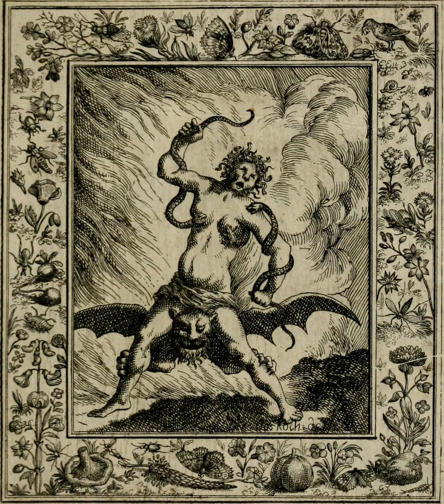An illustration from Theatrum mortis humanæ tripartitum. I. Pars. Saltum mortis. II. Pars. Varia genera mortis. III. Pars. Pnas damnatorum continens. Figuris æneis illustratum, das ist, Schau-Bühne desz menschlichen Todts in drey Theil. 1. Theil. Der Toden Tantz. 2. Theil. Underschidliche Todts-Gattungen. 3. Theil. Der Verdambten Höllen-Peyn, vorstellend. Mit Schönen Kupffer-Stichen geziehrt vnd an Tag gegeben. Durch Joannem Weichardum Valvasor.., 1682, leaf 232