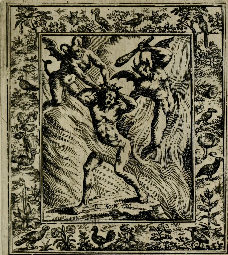 An illustration from Theatrum mortis humanæ tripartitum. I. Pars. Saltum mortis. II. Pars. Varia genera mortis. III. Pars. Pnas damnatorum continens. Figuris æneis illustratum, das ist, Schau-Bühne desz menschlichen Todts in drey Theil. 1. Theil. Der Toden Tantz. 2. Theil. Underschidliche Todts-Gattungen. 3. Theil. Der Verdambten Höllen-Peyn, vorstellend. Mit Schönen Kupffer-Stichen geziehrt vnd an Tag gegeben. Durch Joannem Weichardum Valvasor.., 1682, leaf 236