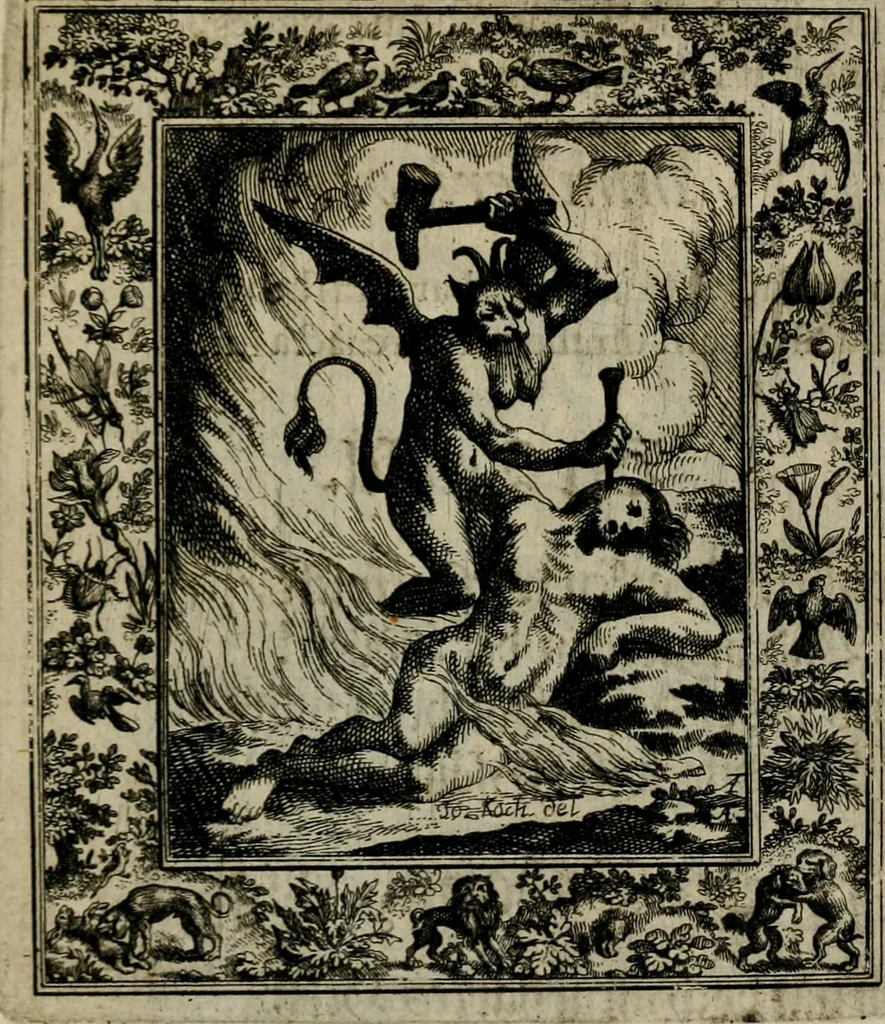 An illustration from Theatrum mortis humanæ tripartitum. I. Pars. Saltum mortis. II. Pars. Varia genera mortis. III. Pars. Pnas damnatorum continens. Figuris æneis illustratum, das ist, Schau-Bühne desz menschlichen Todts in drey Theil. 1. Theil. Der Toden Tantz. 2. Theil. Underschidliche Todts-Gattungen. 3. Theil. Der Verdambten Höllen-Peyn, vorstellend. Mit Schönen Kupffer-Stichen geziehrt vnd an Tag gegeben. Durch Joannem Weichardum Valvasor.., 1682, leaf 238