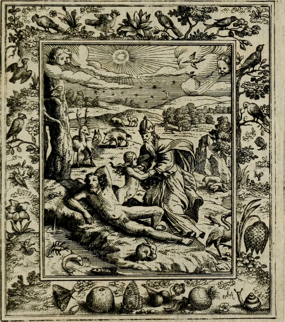 An illustration from Theatrum mortis humanæ tripartitum. I. Pars. Saltum mortis. II. Pars. Varia genera mortis. III. Pars. Pnas damnatorum continens. Figuris æneis illustratum, das ist, Schau-Bühne desz menschlichen Todts in drey Theil. 1. Theil. Der Toden Tantz. 2. Theil. Underschidliche Todts-Gattungen. 3. Theil. Der Verdambten Höllen-Peyn, vorstellend. Mit Schönen Kupffer-Stichen geziehrt vnd an Tag gegeben. Durch Joannem Weichardum Valvasor.., 1682, leaf 24