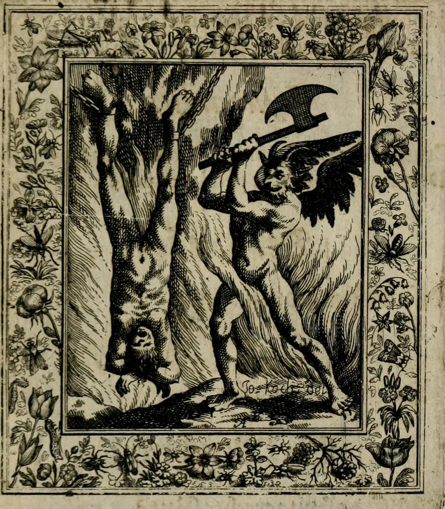 An illustration from Theatrum mortis humanæ tripartitum. I. Pars. Saltum mortis. II. Pars. Varia genera mortis. III. Pars. Pnas damnatorum continens. Figuris æneis illustratum, das ist, Schau-Bühne desz menschlichen Todts in drey Theil. 1. Theil. Der Toden Tantz. 2. Theil. Underschidliche Todts-Gattungen. 3. Theil. Der Verdambten Höllen-Peyn, vorstellend. Mit Schönen Kupffer-Stichen geziehrt vnd an Tag gegeben. Durch Joannem Weichardum Valvasor.., 1682, leaf 242