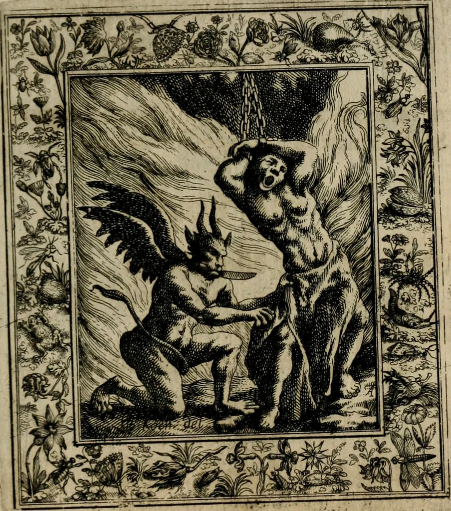 An illustration from Theatrum mortis humanæ tripartitum. I. Pars. Saltum mortis. II. Pars. Varia genera mortis. III. Pars. Pnas damnatorum continens. Figuris æneis illustratum, das ist, Schau-Bühne desz menschlichen Todts in drey Theil. 1. Theil. Der Toden Tantz. 2. Theil. Underschidliche Todts-Gattungen. 3. Theil. Der Verdambten Höllen-Peyn, vorstellend. Mit Schönen Kupffer-Stichen geziehrt vnd an Tag gegeben. Durch Joannem Weichardum Valvasor.., 1682, leaf 244