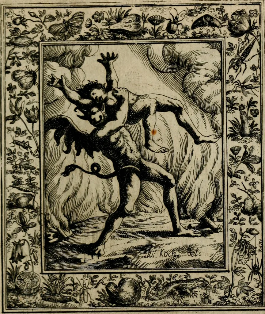 An illustration from Theatrum mortis humanæ tripartitum. I. Pars. Saltum mortis. II. Pars. Varia genera mortis. III. Pars. Pnas damnatorum continens. Figuris æneis illustratum, das ist, Schau-Bühne desz menschlichen Todts in drey Theil. 1. Theil. Der Toden Tantz. 2. Theil. Underschidliche Todts-Gattungen. 3. Theil. Der Verdambten Höllen-Peyn, vorstellend. Mit Schönen Kupffer-Stichen geziehrt vnd an Tag gegeben. Durch Joannem Weichardum Valvasor.., 1682, leaf 248