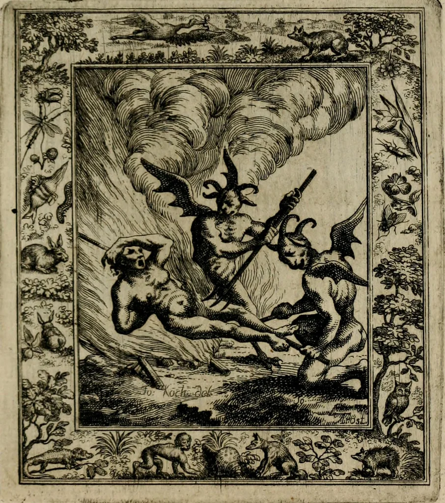 An illustration from Theatrum mortis humanæ tripartitum. I. Pars. Saltum mortis. II. Pars. Varia genera mortis. III. Pars. Pnas damnatorum continens. Figuris æneis illustratum, das ist, Schau-Bühne desz menschlichen Todts in drey Theil. 1. Theil. Der Toden Tantz. 2. Theil. Underschidliche Todts-Gattungen. 3. Theil. Der Verdambten Höllen-Peyn, vorstellend. Mit Schönen Kupffer-Stichen geziehrt vnd an Tag gegeben. Durch Joannem Weichardum Valvasor.., 1682, leaf 250