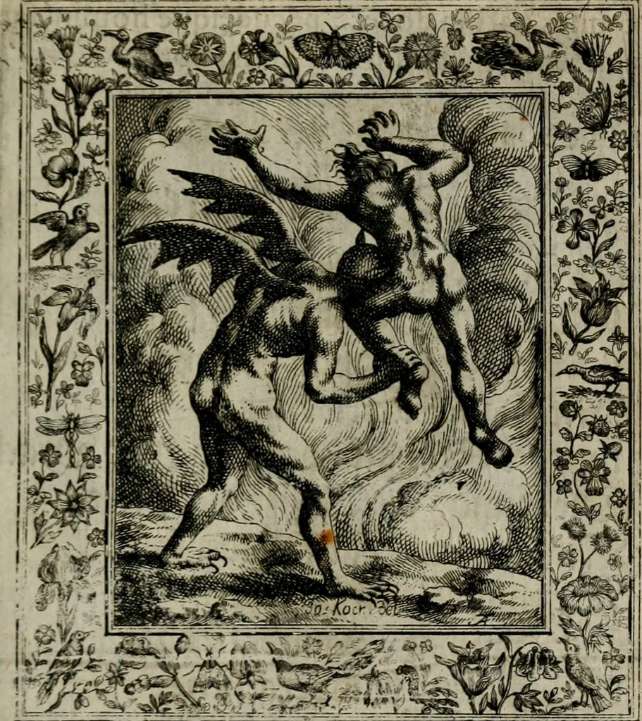 An illustration from Theatrum mortis humanæ tripartitum. I. Pars. Saltum mortis. II. Pars. Varia genera mortis. III. Pars. Pnas damnatorum continens. Figuris æneis illustratum, das ist, Schau-Bühne desz menschlichen Todts in drey Theil. 1. Theil. Der Toden Tantz. 2. Theil. Underschidliche Todts-Gattungen. 3. Theil. Der Verdambten Höllen-Peyn, vorstellend. Mit Schönen Kupffer-Stichen geziehrt vnd an Tag gegeben. Durch Joannem Weichardum Valvasor.., 1682, leaf 252