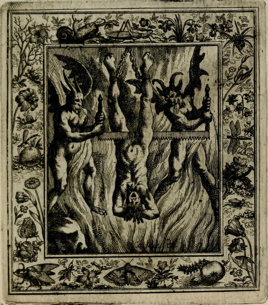 An illustration from Theatrum mortis humanæ tripartitum. I. Pars. Saltum mortis. II. Pars. Varia genera mortis. III. Pars. Pnas damnatorum continens. Figuris æneis illustratum, das ist, Schau-Bühne desz menschlichen Todts in drey Theil. 1. Theil. Der Toden Tantz. 2. Theil. Underschidliche Todts-Gattungen. 3. Theil. Der Verdambten Höllen-Peyn, vorstellend. Mit Schönen Kupffer-Stichen geziehrt vnd an Tag gegeben. Durch Joannem Weichardum Valvasor.., 1682, leaf 254