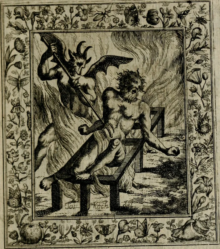 An illustration from Theatrum mortis humanæ tripartitum. I. Pars. Saltum mortis. II. Pars. Varia genera mortis. III. Pars. Pnas damnatorum continens. Figuris æneis illustratum, das ist, Schau-Bühne desz menschlichen Todts in drey Theil. 1. Theil. Der Toden Tantz. 2. Theil. Underschidliche Todts-Gattungen. 3. Theil. Der Verdambten Höllen-Peyn, vorstellend. Mit Schönen Kupffer-Stichen geziehrt vnd an Tag gegeben. Durch Joannem Weichardum Valvasor.., 1682, leaf 256