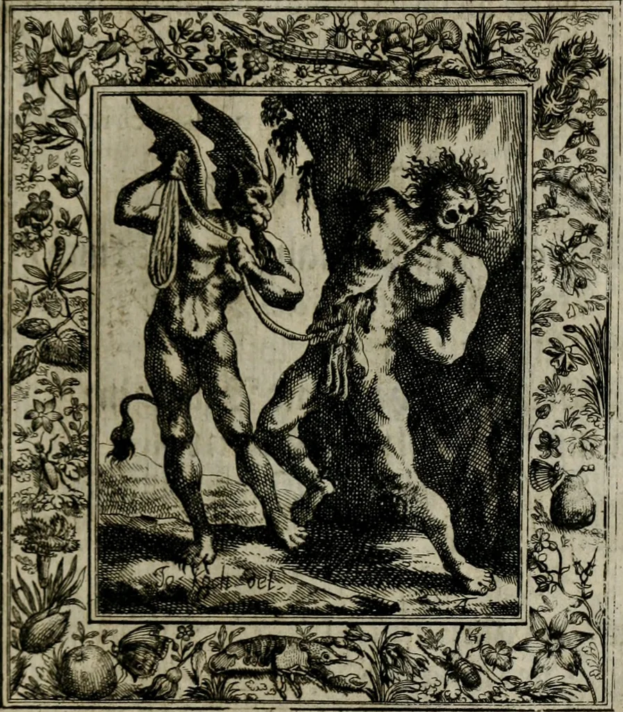 An illustration from Theatrum mortis humanæ tripartitum. I. Pars. Saltum mortis. II. Pars. Varia genera mortis. III. Pars. Pnas damnatorum continens. Figuris æneis illustratum, das ist, Schau-Bühne desz menschlichen Todts in drey Theil. 1. Theil. Der Toden Tantz. 2. Theil. Underschidliche Todts-Gattungen. 3. Theil. Der Verdambten Höllen-Peyn, vorstellend. Mit Schönen Kupffer-Stichen geziehrt vnd an Tag gegeben. Durch Joannem Weichardum Valvasor.., 1682, leaf 258