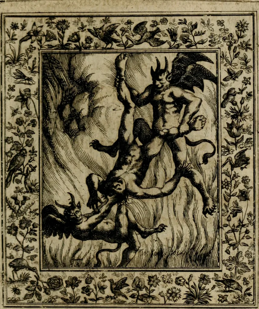 An illustration from Theatrum mortis humanæ tripartitum. I. Pars. Saltum mortis. II. Pars. Varia genera mortis. III. Pars. Pnas damnatorum continens. Figuris æneis illustratum, das ist, Schau-Bühne desz menschlichen Todts in drey Theil. 1. Theil. Der Toden Tantz. 2. Theil. Underschidliche Todts-Gattungen. 3. Theil. Der Verdambten Höllen-Peyn, vorstellend. Mit Schönen Kupffer-Stichen geziehrt vnd an Tag gegeben. Durch Joannem Weichardum Valvasor.., 1682, leaf 262