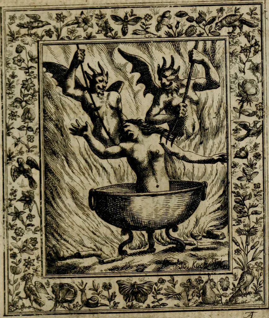 An illustration from Theatrum mortis humanæ tripartitum. I. Pars. Saltum mortis. II. Pars. Varia genera mortis. III. Pars. Pnas damnatorum continens. Figuris æneis illustratum, das ist, Schau-Bühne desz menschlichen Todts in drey Theil. 1. Theil. Der Toden Tantz. 2. Theil. Underschidliche Todts-Gattungen. 3. Theil. Der Verdambten Höllen-Peyn, vorstellend. Mit Schönen Kupffer-Stichen geziehrt vnd an Tag gegeben. Durch Joannem Weichardum Valvasor.., 1682, leaf 264