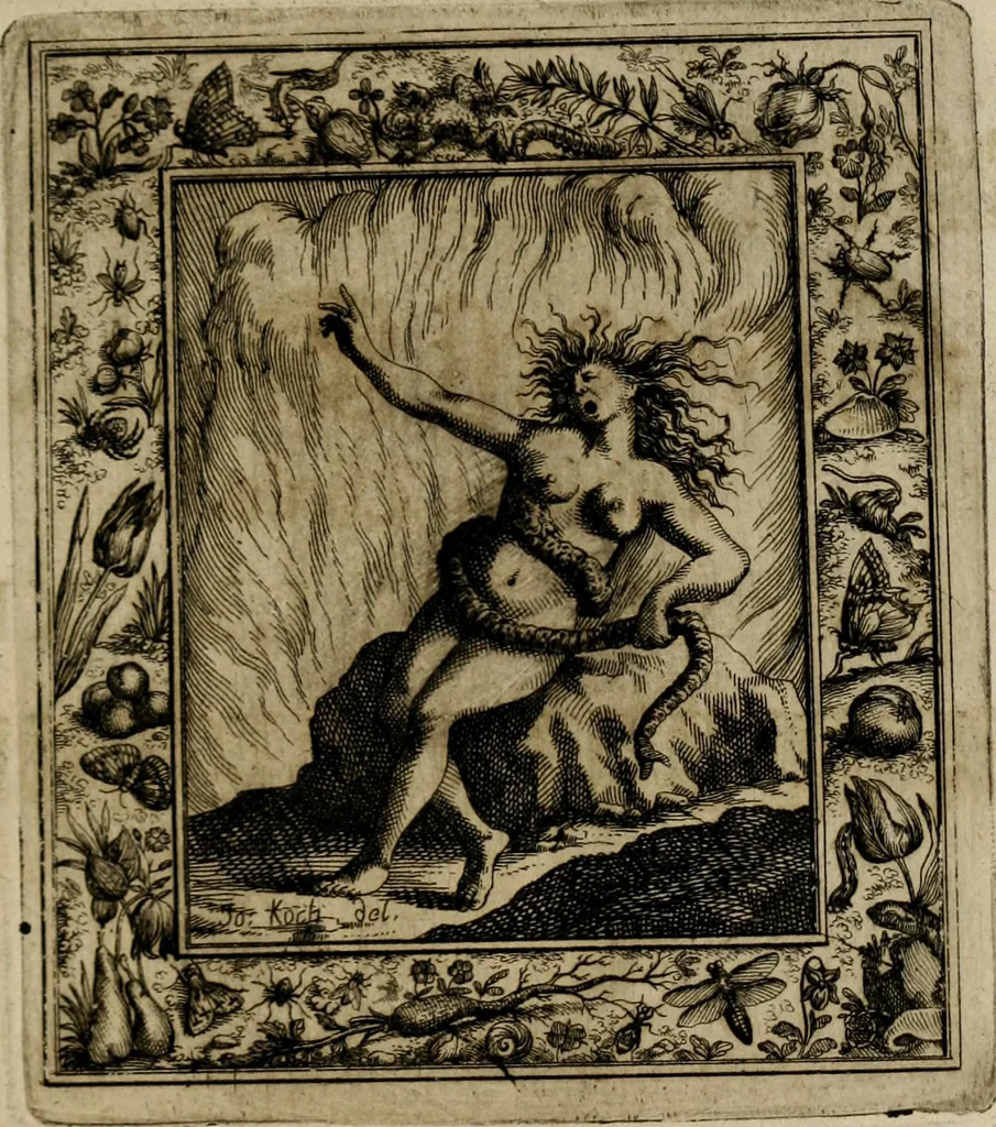 An illustration from Theatrum mortis humanæ tripartitum. I. Pars. Saltum mortis. II. Pars. Varia genera mortis. III. Pars. Pnas damnatorum continens. Figuris æneis illustratum, das ist, Schau-Bühne desz menschlichen Todts in drey Theil. 1. Theil. Der Toden Tantz. 2. Theil. Underschidliche Todts-Gattungen. 3. Theil. Der Verdambten Höllen-Peyn, vorstellend. Mit Schönen Kupffer-Stichen geziehrt vnd an Tag gegeben. Durch Joannem Weichardum Valvasor.., 1682, leaf 266
