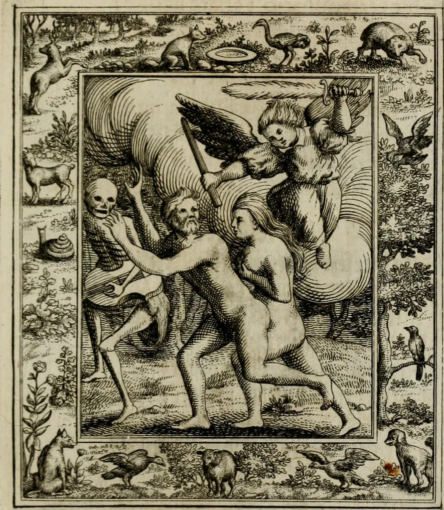 An illustration from Theatrum mortis humanæ tripartitum. I. Pars. Saltum mortis. II. Pars. Varia genera mortis. III. Pars. Pnas damnatorum continens. Figuris æneis illustratum, das ist, Schau-Bühne desz menschlichen Todts in drey Theil. 1. Theil. Der Toden Tantz. 2. Theil. Underschidliche Todts-Gattungen. 3. Theil. Der Verdambten Höllen-Peyn, vorstellend. Mit Schönen Kupffer-Stichen geziehrt vnd an Tag gegeben. Durch Joannem Weichardum Valvasor.., 1682, leaf 28