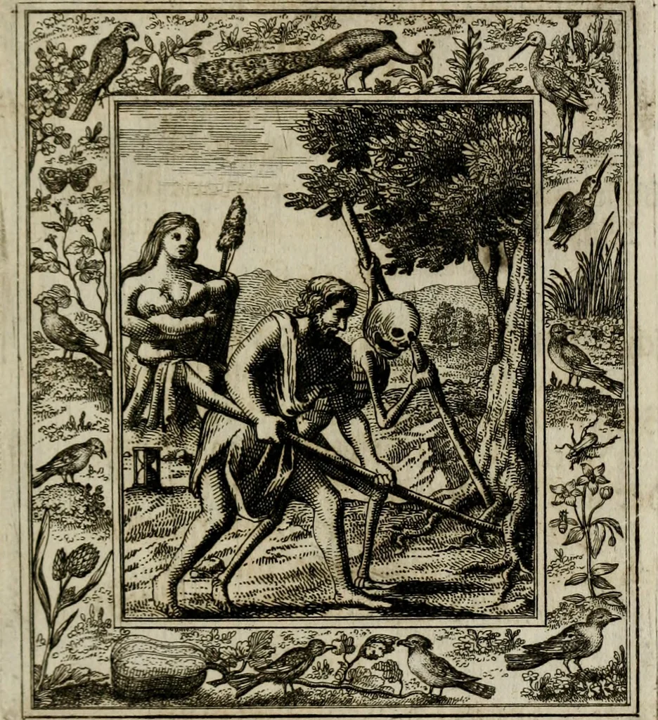 An illustration from Theatrum mortis humanæ tripartitum. I. Pars. Saltum mortis. II. Pars. Varia genera mortis. III. Pars. Pnas damnatorum continens. Figuris æneis illustratum, das ist, Schau-Bühne desz menschlichen Todts in drey Theil. 1. Theil. Der Toden Tantz. 2. Theil. Underschidliche Todts-Gattungen. 3. Theil. Der Verdambten Höllen-Peyn, vorstellend. Mit Schönen Kupffer-Stichen geziehrt vnd an Tag gegeben. Durch Joannem Weichardum Valvasor.., 1682, leaf 30