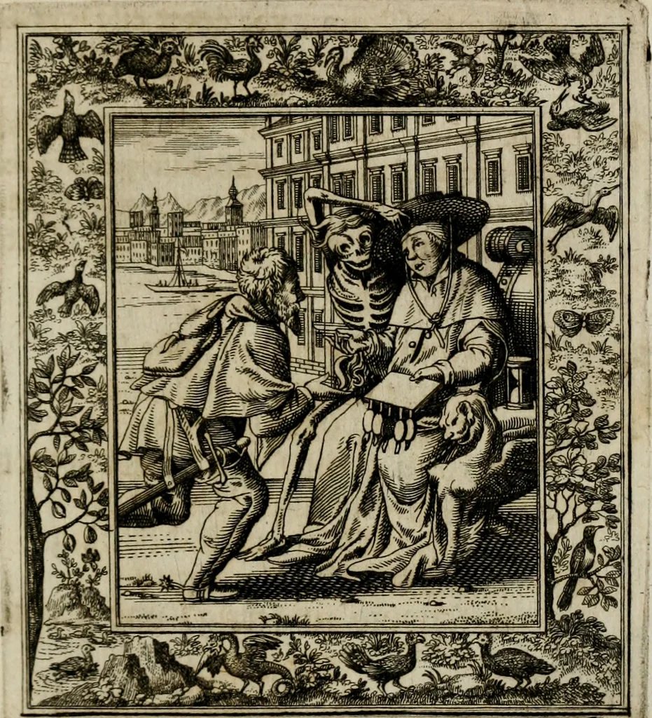 An illustration from Theatrum mortis humanæ tripartitum. I. Pars. Saltum mortis. II. Pars. Varia genera mortis. III. Pars. Pnas damnatorum continens. Figuris æneis illustratum, das ist, Schau-Bühne desz menschlichen Todts in drey Theil. 1. Theil. Der Toden Tantz. 2. Theil. Underschidliche Todts-Gattungen. 3. Theil. Der Verdambten Höllen-Peyn, vorstellend. Mit Schönen Kupffer-Stichen geziehrt vnd an Tag gegeben. Durch Joannem Weichardum Valvasor.., 1682, leaf 34