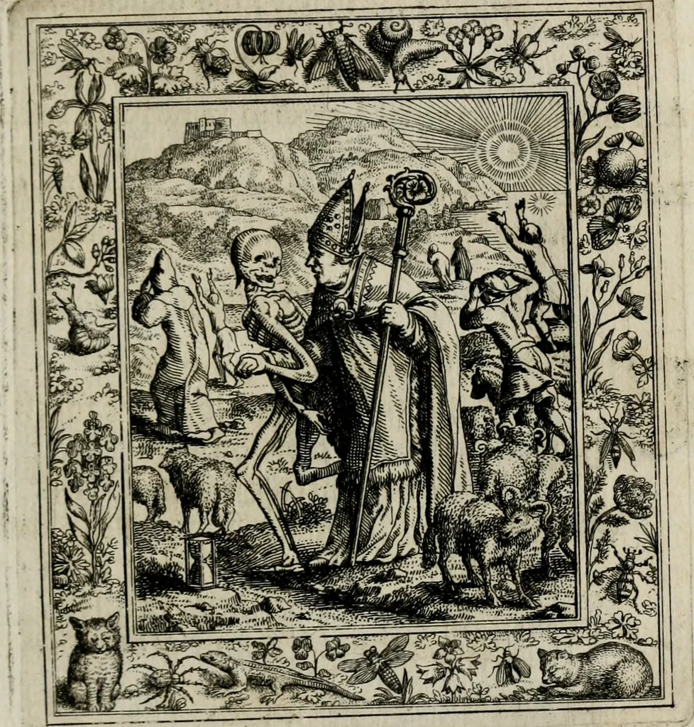 An illustration from Theatrum mortis humanæ tripartitum. I. Pars. Saltum mortis. II. Pars. Varia genera mortis. III. Pars. Pnas damnatorum continens. Figuris æneis illustratum, das ist, Schau-Bühne desz menschlichen Todts in drey Theil. 1. Theil. Der Toden Tantz. 2. Theil. Underschidliche Todts-Gattungen. 3. Theil. Der Verdambten Höllen-Peyn, vorstellend. Mit Schönen Kupffer-Stichen geziehrt vnd an Tag gegeben. Durch Joannem Weichardum Valvasor.., 1682, leaf 36