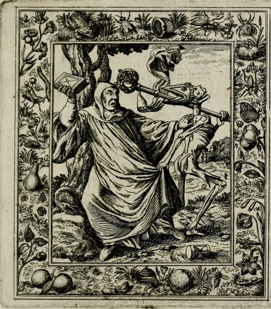 An illustration from Theatrum mortis humanæ tripartitum. I. Pars. Saltum mortis. II. Pars. Varia genera mortis. III. Pars. Pnas damnatorum continens. Figuris æneis illustratum, das ist, Schau-Bühne desz menschlichen Todts in drey Theil. 1. Theil. Der Toden Tantz. 2. Theil. Underschidliche Todts-Gattungen. 3. Theil. Der Verdambten Höllen-Peyn, vorstellend. Mit Schönen Kupffer-Stichen geziehrt vnd an Tag gegeben. Durch Joannem Weichardum Valvasor.., 1682, leaf 38