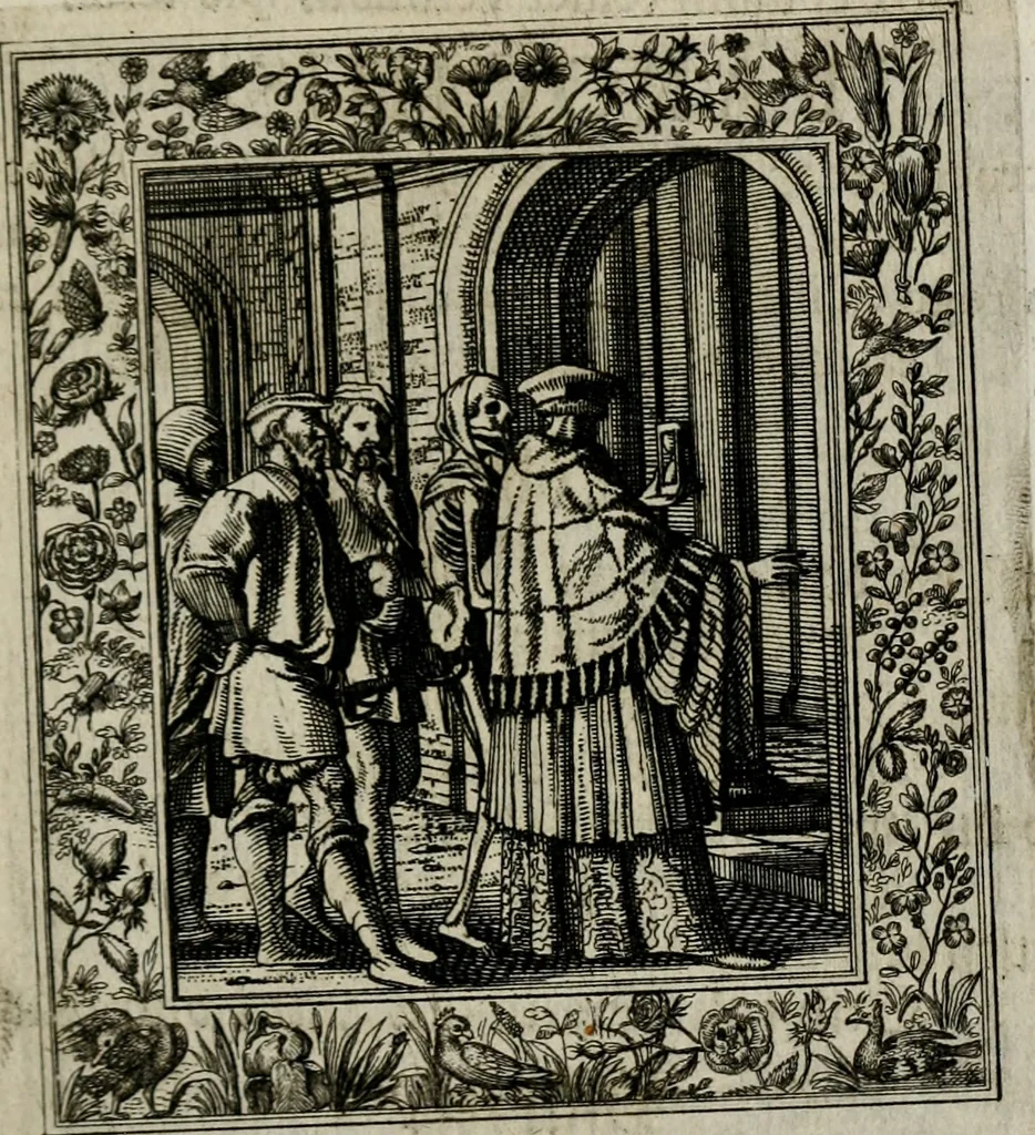 An illustration from Theatrum mortis humanæ tripartitum. I. Pars. Saltum mortis. II. Pars. Varia genera mortis. III. Pars. Pnas damnatorum continens. Figuris æneis illustratum, das ist, Schau-Bühne desz menschlichen Todts in drey Theil. 1. Theil. Der Toden Tantz. 2. Theil. Underschidliche Todts-Gattungen. 3. Theil. Der Verdambten Höllen-Peyn, vorstellend. Mit Schönen Kupffer-Stichen geziehrt vnd an Tag gegeben. Durch Joannem Weichardum Valvasor.., 1682, leaf 40