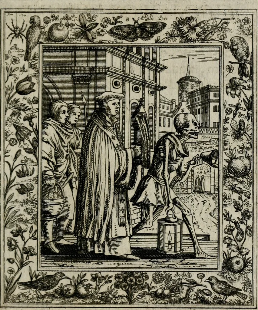An illustration from Theatrum mortis humanæ tripartitum. I. Pars. Saltum mortis. II. Pars. Varia genera mortis. III. Pars. Pnas damnatorum continens. Figuris æneis illustratum, das ist, Schau-Bühne desz menschlichen Todts in drey Theil. 1. Theil. Der Toden Tantz. 2. Theil. Underschidliche Todts-Gattungen. 3. Theil. Der Verdambten Höllen-Peyn, vorstellend. Mit Schönen Kupffer-Stichen geziehrt vnd an Tag gegeben. Durch Joannem Weichardum Valvasor.., 1682, leaf 42