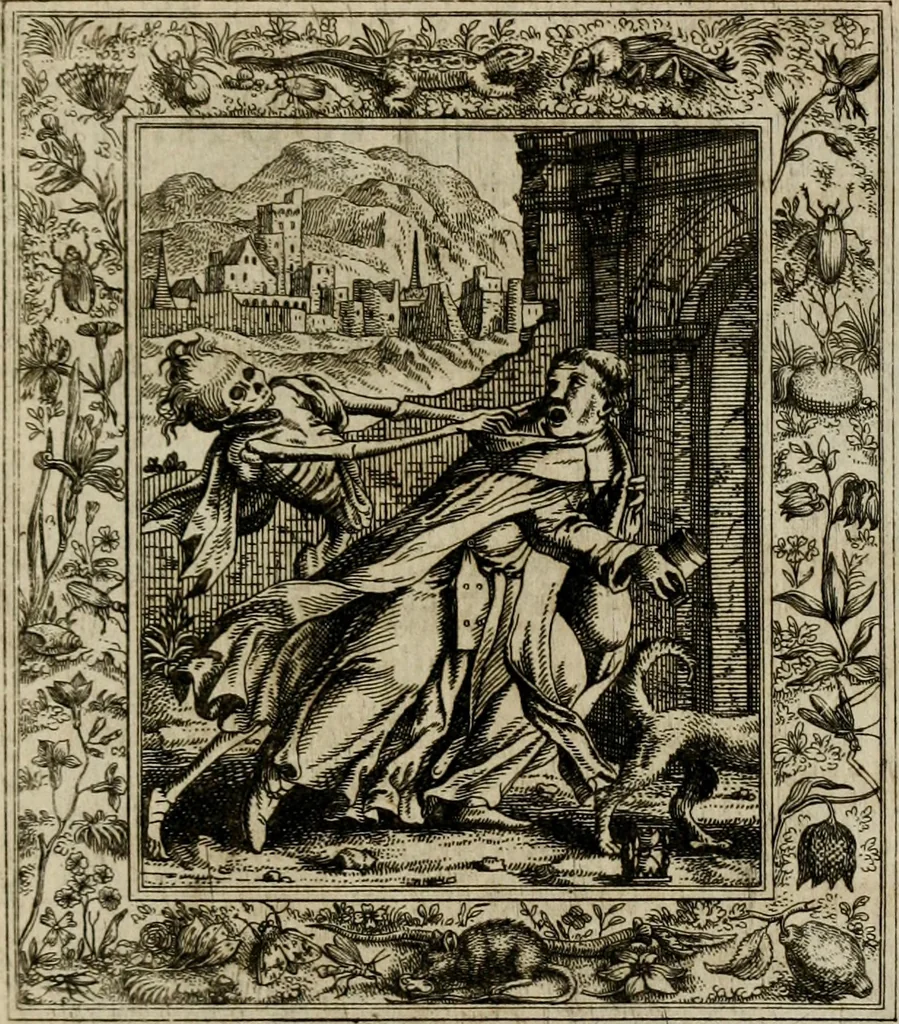 An illustration from Theatrum mortis humanæ tripartitum. I. Pars. Saltum mortis. II. Pars. Varia genera mortis. III. Pars. Pnas damnatorum continens. Figuris æneis illustratum, das ist, Schau-Bühne desz menschlichen Todts in drey Theil. 1. Theil. Der Toden Tantz. 2. Theil. Underschidliche Todts-Gattungen. 3. Theil. Der Verdambten Höllen-Peyn, vorstellend. Mit Schönen Kupffer-Stichen geziehrt vnd an Tag gegeben. Durch Joannem Weichardum Valvasor.., 1682, leaf 46