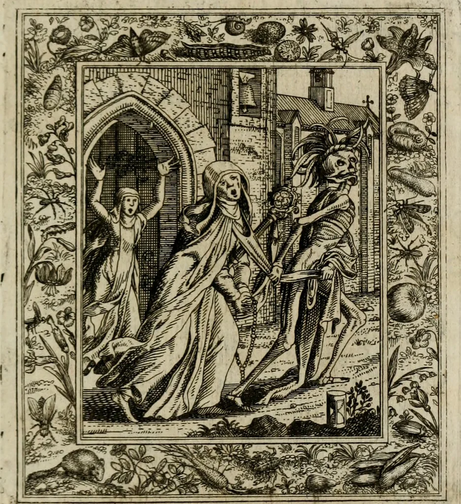 An illustration from Theatrum mortis humanæ tripartitum. I. Pars. Saltum mortis. II. Pars. Varia genera mortis. III. Pars. Pnas damnatorum continens. Figuris æneis illustratum, das ist, Schau-Bühne desz menschlichen Todts in drey Theil. 1. Theil. Der Toden Tantz. 2. Theil. Underschidliche Todts-Gattungen. 3. Theil. Der Verdambten Höllen-Peyn, vorstellend. Mit Schönen Kupffer-Stichen geziehrt vnd an Tag gegeben. Durch Joannem Weichardum Valvasor.., 1682, leaf 48
