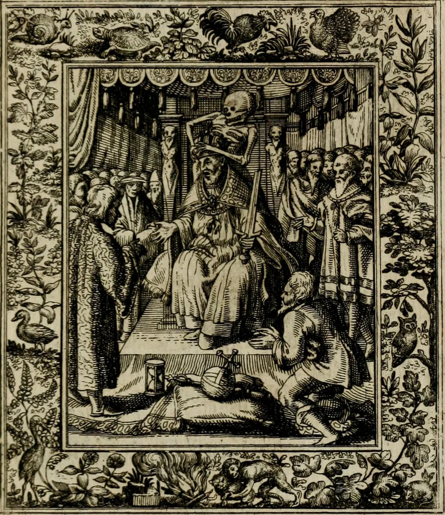 An illustration from Theatrum mortis humanæ tripartitum. I. Pars. Saltum mortis. II. Pars. Varia genera mortis. III. Pars. Pnas damnatorum continens. Figuris æneis illustratum, das ist, Schau-Bühne desz menschlichen Todts in drey Theil. 1. Theil. Der Toden Tantz. 2. Theil. Underschidliche Todts-Gattungen. 3. Theil. Der Verdambten Höllen-Peyn, vorstellend. Mit Schönen Kupffer-Stichen geziehrt vnd an Tag gegeben. Durch Joannem Weichardum Valvasor.., 1682, leaf 52