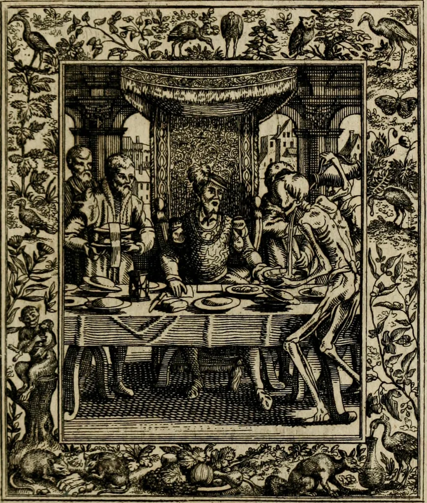 An illustration from Theatrum mortis humanæ tripartitum. I. Pars. Saltum mortis. II. Pars. Varia genera mortis. III. Pars. Pnas damnatorum continens. Figuris æneis illustratum, das ist, Schau-Bühne desz menschlichen Todts in drey Theil. 1. Theil. Der Toden Tantz. 2. Theil. Underschidliche Todts-Gattungen. 3. Theil. Der Verdambten Höllen-Peyn, vorstellend. Mit Schönen Kupffer-Stichen geziehrt vnd an Tag gegeben. Durch Joannem Weichardum Valvasor.., 1682, leaf 54