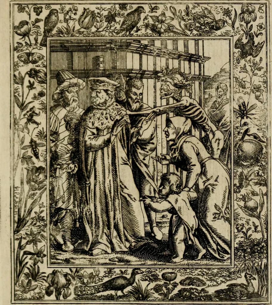 An illustration from Theatrum mortis humanæ tripartitum. I. Pars. Saltum mortis. II. Pars. Varia genera mortis. III. Pars. Pnas damnatorum continens. Figuris æneis illustratum, das ist, Schau-Bühne desz menschlichen Todts in drey Theil. 1. Theil. Der Toden Tantz. 2. Theil. Underschidliche Todts-Gattungen. 3. Theil. Der Verdambten Höllen-Peyn, vorstellend. Mit Schönen Kupffer-Stichen geziehrt vnd an Tag gegeben. Durch Joannem Weichardum Valvasor.., 1682, leaf 56