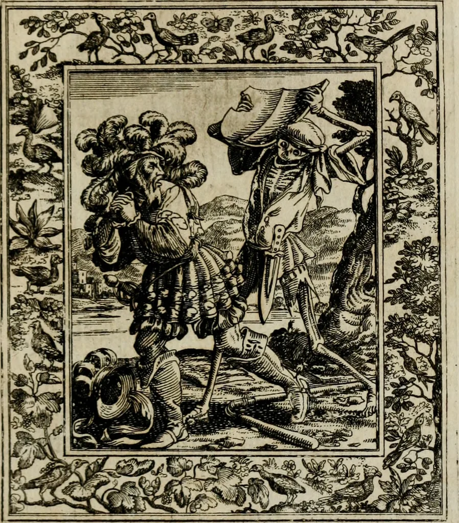 An illustration from Theatrum mortis humanæ tripartitum. I. Pars. Saltum mortis. II. Pars. Varia genera mortis. III. Pars. Pnas damnatorum continens. Figuris æneis illustratum, das ist, Schau-Bühne desz menschlichen Todts in drey Theil. 1. Theil. Der Toden Tantz. 2. Theil. Underschidliche Todts-Gattungen. 3. Theil. Der Verdambten Höllen-Peyn, vorstellend. Mit Schönen Kupffer-Stichen geziehrt vnd an Tag gegeben. Durch Joannem Weichardum Valvasor.., 1682, leaf 58