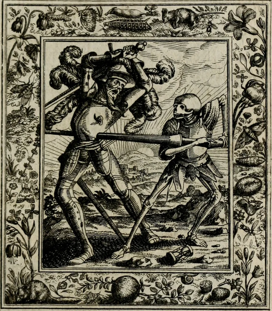 An illustration from Theatrum mortis humanæ tripartitum. I. Pars. Saltum mortis. II. Pars. Varia genera mortis. III. Pars. Pnas damnatorum continens. Figuris æneis illustratum, das ist, Schau-Bühne desz menschlichen Todts in drey Theil. 1. Theil. Der Toden Tantz. 2. Theil. Underschidliche Todts-Gattungen. 3. Theil. Der Verdambten Höllen-Peyn, vorstellend. Mit Schönen Kupffer-Stichen geziehrt vnd an Tag gegeben. Durch Joannem Weichardum Valvasor.., 1682, leaf 60