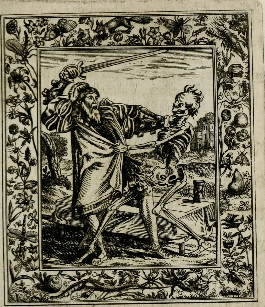An illustration from Theatrum mortis humanæ tripartitum. I. Pars. Saltum mortis. II. Pars. Varia genera mortis. III. Pars. Pnas damnatorum continens. Figuris æneis illustratum, das ist, Schau-Bühne desz menschlichen Todts in drey Theil. 1. Theil. Der Toden Tantz. 2. Theil. Underschidliche Todts-Gattungen. 3. Theil. Der Verdambten Höllen-Peyn, vorstellend. Mit Schönen Kupffer-Stichen geziehrt vnd an Tag gegeben. Durch Joannem Weichardum Valvasor.., 1682, leaf 62
