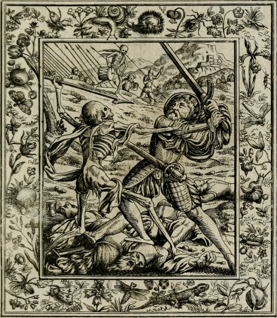An illustration from Theatrum mortis humanæ tripartitum. I. Pars. Saltum mortis. II. Pars. Varia genera mortis. III. Pars. Pnas damnatorum continens. Figuris æneis illustratum, das ist, Schau-Bühne desz menschlichen Todts in drey Theil. 1. Theil. Der Toden Tantz. 2. Theil. Underschidliche Todts-Gattungen. 3. Theil. Der Verdambten Höllen-Peyn, vorstellend. Mit Schönen Kupffer-Stichen geziehrt vnd an Tag gegeben. Durch Joannem Weichardum Valvasor.., 1682, leaf 64