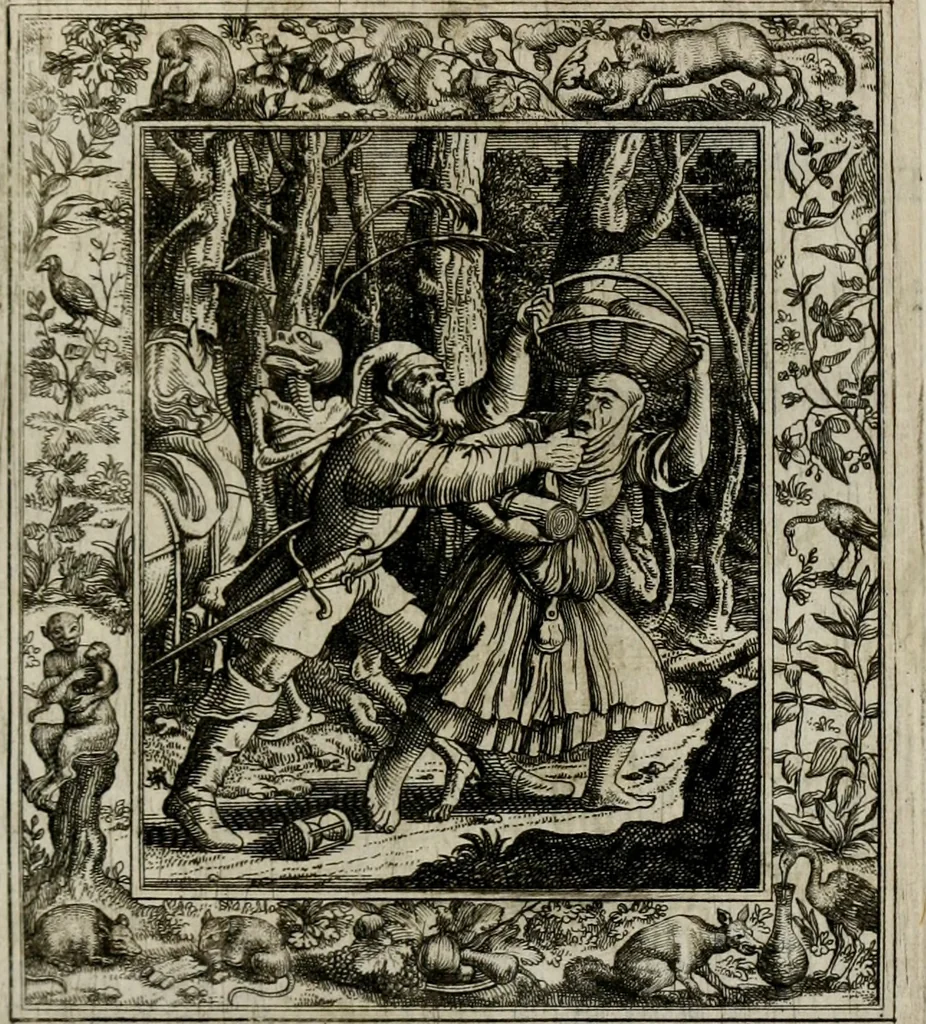 An illustration from Theatrum mortis humanæ tripartitum. I. Pars. Saltum mortis. II. Pars. Varia genera mortis. III. Pars. Pnas damnatorum continens. Figuris æneis illustratum, das ist, Schau-Bühne desz menschlichen Todts in drey Theil. 1. Theil. Der Toden Tantz. 2. Theil. Underschidliche Todts-Gattungen. 3. Theil. Der Verdambten Höllen-Peyn, vorstellend. Mit Schönen Kupffer-Stichen geziehrt vnd an Tag gegeben. Durch Joannem Weichardum Valvasor.., 1682, leaf 66