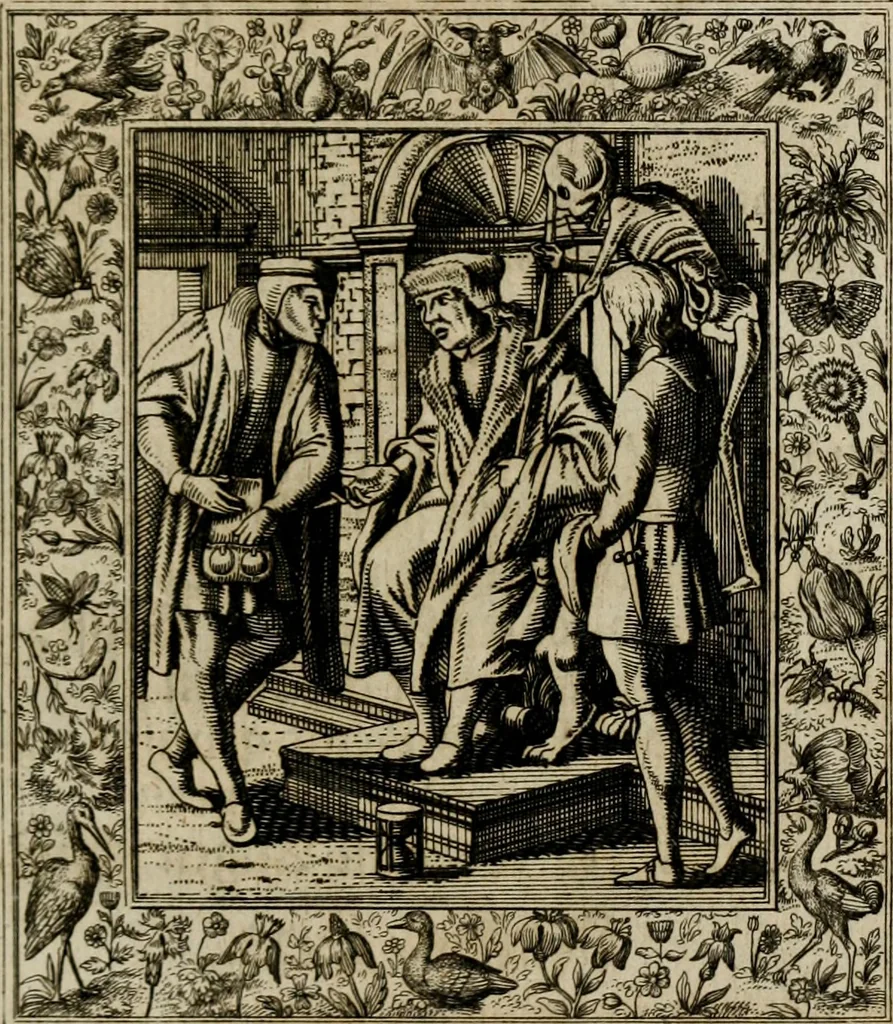 An illustration from Theatrum mortis humanæ tripartitum. I. Pars. Saltum mortis. II. Pars. Varia genera mortis. III. Pars. Pnas damnatorum continens. Figuris æneis illustratum, das ist, Schau-Bühne desz menschlichen Todts in drey Theil. 1. Theil. Der Toden Tantz. 2. Theil. Underschidliche Todts-Gattungen. 3. Theil. Der Verdambten Höllen-Peyn, vorstellend. Mit Schönen Kupffer-Stichen geziehrt vnd an Tag gegeben. Durch Joannem Weichardum Valvasor.., 1682, leaf 68