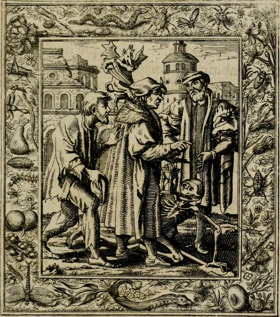An illustration from Theatrum mortis humanæ tripartitum. I. Pars. Saltum mortis. II. Pars. Varia genera mortis. III. Pars. Pnas damnatorum continens. Figuris æneis illustratum, das ist, Schau-Bühne desz menschlichen Todts in drey Theil. 1. Theil. Der Toden Tantz. 2. Theil. Underschidliche Todts-Gattungen. 3. Theil. Der Verdambten Höllen-Peyn, vorstellend. Mit Schönen Kupffer-Stichen geziehrt vnd an Tag gegeben. Durch Joannem Weichardum Valvasor.., 1682, leaf 70