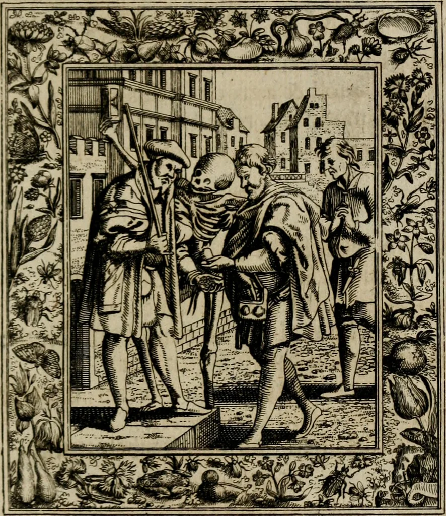 An illustration from Theatrum mortis humanæ tripartitum. I. Pars. Saltum mortis. II. Pars. Varia genera mortis. III. Pars. Pnas damnatorum continens. Figuris æneis illustratum, das ist, Schau-Bühne desz menschlichen Todts in drey Theil. 1. Theil. Der Toden Tantz. 2. Theil. Underschidliche Todts-Gattungen. 3. Theil. Der Verdambten Höllen-Peyn, vorstellend. Mit Schönen Kupffer-Stichen geziehrt vnd an Tag gegeben. Durch Joannem Weichardum Valvasor.., 1682, leaf 72